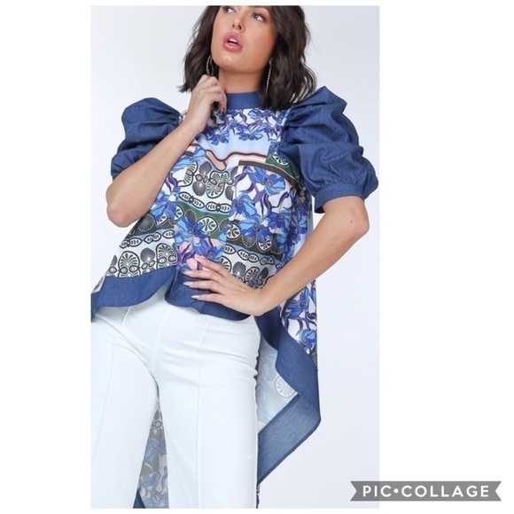 Absolutely Gorgeous Denim & Print High Low Top - Picture 2 of 5